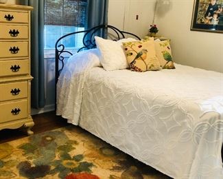 $300 - Queen bed set includes: 2 y.o. Mattress with box springs, Vintage headboard and footboard, floral rug, 3 sets of white queen sheets, four standard pillows, 2 throw pillows, teal throw blanket, 1 luggage rack, 2 sets of teal curtains, and one small lamp
