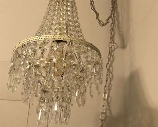 $125 - Vintage glass chandelier with Thomas Edison bulb (14”x10”)