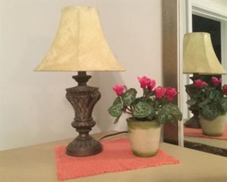 $25 Decorative lamp (15” tall)  with faux silk plant, vintage German doily