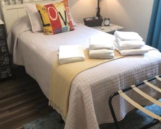 $200  Twin bed ensemble set includes: wooden vintage headboard, 2 y.o twin mattress (in a protective zippered covering to protect the mattress), Box spring, metal support base. All other items sold separately.
