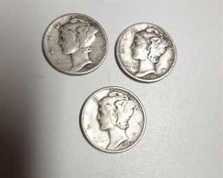 1944 Mercury Head Silver Dimes P-D-S mint marks