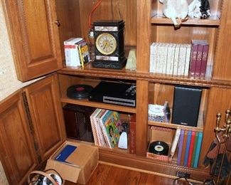 Vintage records, books, antique clock