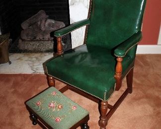 Green armchair, needlepoint foot stool