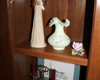 Angel figurine, Fenton vase, brass decor