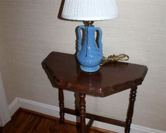 Small vintage table, blue pottery lamp