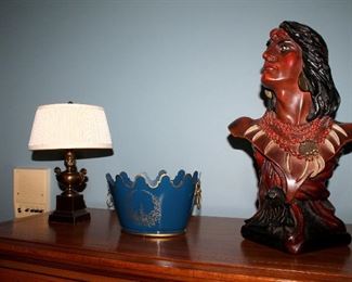 Native American bust, mini brass lamp, decor