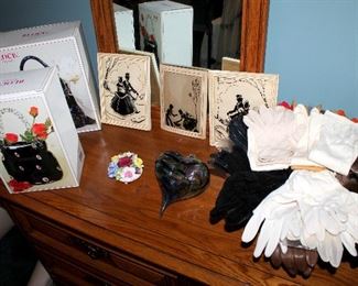 Vintage silhouette pictures, glass purses, gloves