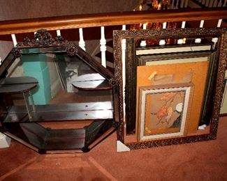 Vintage octagonal mirror shelf, frames and artwork