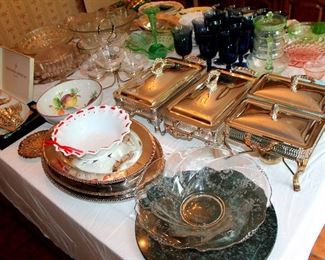 Silverplate, glassware, entertaining items