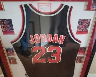 Lot 1 Framed Michael Jordan Jersey, Cards, and Pins - About 36"x30" $400