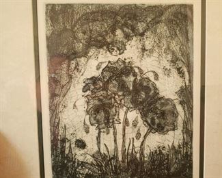 Lot 88 Rare Mary Lou Hess Intaglio Etching. Most are very small at 3-5 inches. This is one of her earliest and largest. Only 15 made. $150