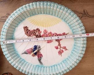 Lot 95 Wedgewood Majolica Bird and Fan Platter- Tight 2 inch hairline. $50