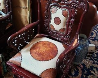 Lot 126 Heavily Carved Korean Chair Leather Pillow and Insert $150
