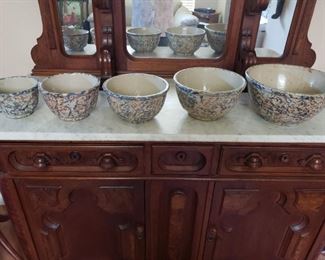 #148 Graduated set of antique Red Wing Spongeware Bowls with advertising. $400