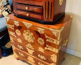 Chinese Burled Wood Silver/Jewelry Chest with Brass Fittings