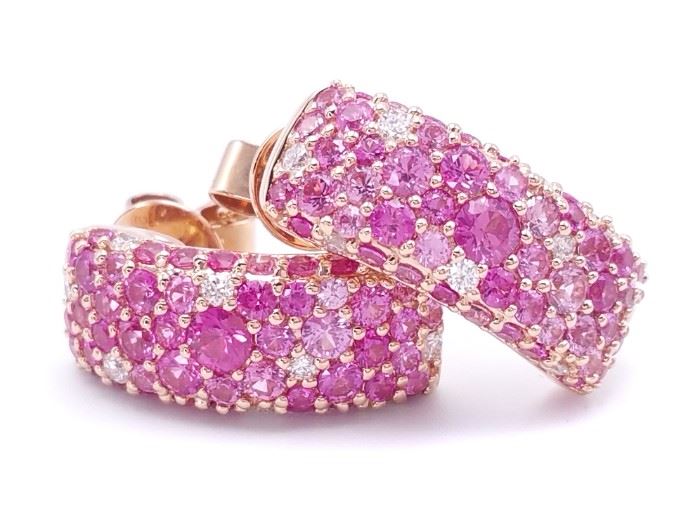 Pink Sapphire and Diamond Earrings in 14k Rose Gold