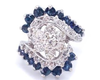 1 1/2+ Carat Diamond and Sapphire Cluster Estate Ring in 14k White Gold - $4999
