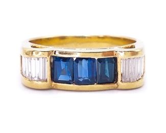 Modern Natural Sapphire and Diamond Estate Ring in Heavy 18k Yellow Gold - $4650