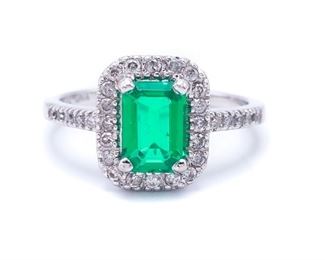 Ladies Emerald and Diamond Estate Ring in 14k White Gold