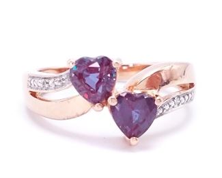 Beautiful Color Changing Heart-Shaped Alexandrite and Diamond Ring in 14k Yellow Gold
