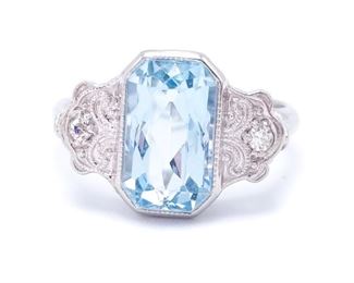 Elegant Aqua and Diamond Art Nouveau Estate Ring in 14k White Gold; $3250
