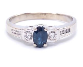 Brilliant Blue Sapphire and Diamond Estate Ring in 14k White Gold; $2750