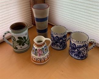 #26.         $15
5pcs. European Lot
Vase, Portugal-9”
Floral Pitcher, Austria-4.5”
Blue & White Mugs-Chips to paint-4 1/4”
Green Chicken Mug, St. Martin GITTA-5.5”