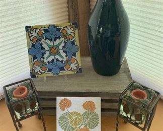 #92.           $18
2 Tiles, Glass & Metal candleholders, Pier 1 cobalt vase