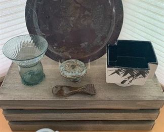 #101.       $35
Instant Decor-
Fossiliferous Marble Plate, Morocco
Pottery Mushroom, Glass signed vase, sm mortar & pestle, pestle has chip, shells, Asian planter 