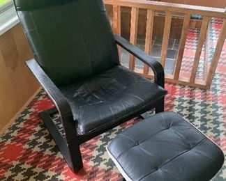 F-7.        PENDING PAYMENT    $45
IKEA blk. Leather chair & ottoman
Sun faded the fabric to grey. Leather is still black. 
Chair-26 1/4”x39”
Ottoman-17.5”x14” 