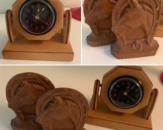 #106.         $20
Desk Lot
Sorocco HorseBookends
Inlaid wood clock