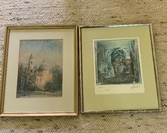 A-11.       $50
2pc Muted Artwork 
1. Looks like original pastel, signed-15.5”x19 1/4”
2. Looks like a woodcut, signed 1978- 15 3/4”x 18 3/4”