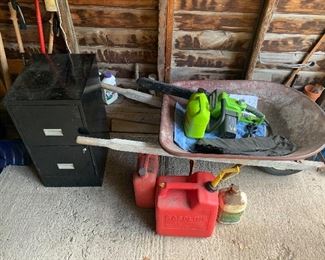 O-19.        Specify A-D
A. Wheelbarrow-$15 SOLD
B. Green works chainsaw, bag & oil-$15 SOLD
C. 2 gas cans, 5gallon, 2gallon-$7  SOLD
D. Black filing cabinet-$10