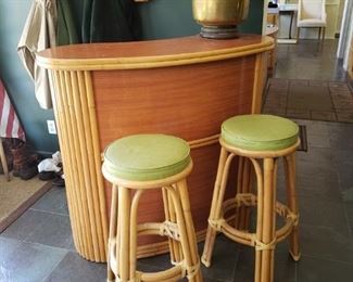 Vintage Cane/Rattan Bar with Chartreuse Leather Bar Stools