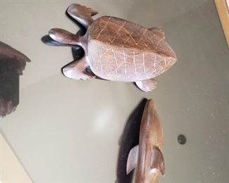 Carved Wooden Turtle and Porpoise