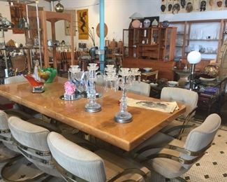 Milo Baughman Dining Table with Mirror and other set pieces, 70s Brass Dining Chairs, Asian Scrolls 