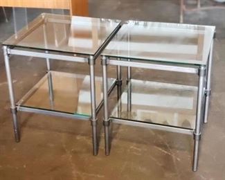 Pair Industrial Post Modern Side Tables with Two Levels of Glass