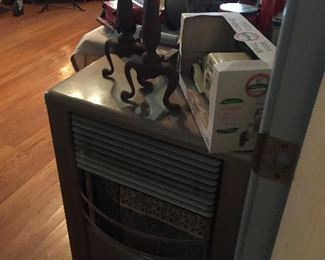 Vintage gas heater, cast iron fireplace irons