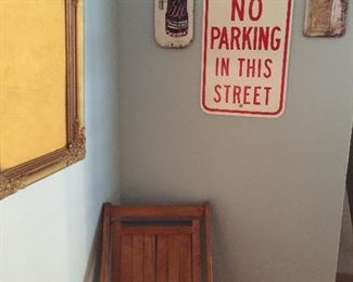 Vintage signs, frames and vintage folding wood chairs