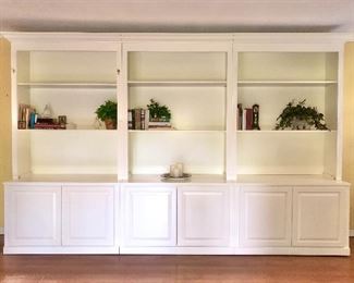 (SOLD)•White, ALL wood shelving with lower cabinets.
3 single units shown above. 
Selling in Single units
