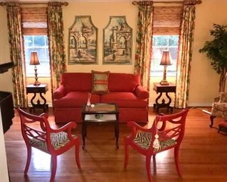 Antique to Vintage, Beautiful furnishings 
•Red Sofa, Chenille Boucle Upholstery
•(SOLD) Red Arm Chairs, Zebra Upholstery 