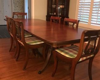 Duncan Phyfe (Fife) Style Table + 6 Chairs. 
Mahogany 
Shown fully extended with 3 leaves with pad protectors.  
