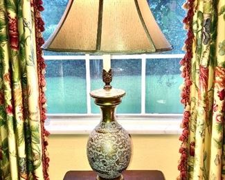 Glass reverse painted Gold Lamp with marble base. Applied lace glass Overlay. 