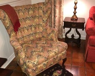 •Vintage Channel, Fan Back Chair with Queen Anne legs  
•Embroidered footstool 