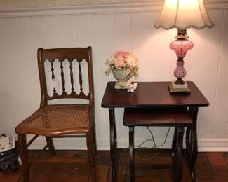 Nesting tables, Fenton Lamp, Vintage cane seat chair 