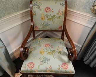 ITEM 2: Kindel Neoclassical Upholstered Dining Chairs (10)  $1500:
Upholstered in luscious pale blue fabric with yellow, pink and blue flowers, and double piping. Woodwork and upholstery are in excellent condition. Eight side chairs, two armchairs. 