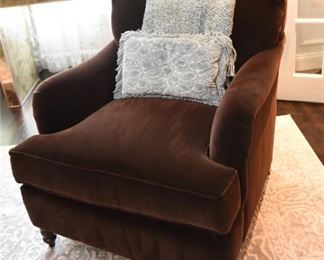 ITEMS 6, 7: Dark Brown Velvet Kravet Furniture Chairs; 2 Available. $350 each:
All four of these chairs are in exceptional condition since they've lived thus far in a formal living room, rarely used by the family. The rich dark brown velvet is simply delicious. For the full effect, the pillows are available too. Each chair has a 33" x 38" footprint, and is 36" tall