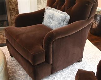 ITEMS 6, 7: Dark Brown Velvet Kravet Furniture Chairs; 2 Available. $350 each:
All four of these chairs are in exceptional condition since they've lived thus far in a formal living room, rarely used by the family. The rich dark brown velvet is simply delicious. For the full effect, the pillows are available too. Each chair has a 33" x 38" footprint, and is 36" tall