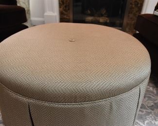 ITEM 14: Kravet Furniture Circular Ottoman  $250:
Upholstered and skirted in a gorgeous silvery-gray and blue textured fabric, this ottoman has tailored pleats, piping, and is finished with a single beaded button in the center. Excellent condition. 36" round, 16" tall