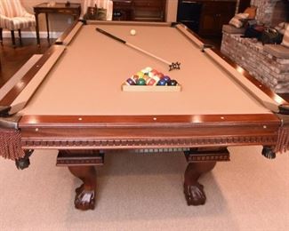 ITEM 41: Eight Foot Leather Pocket Pool Table  $450
Unmarked. Three-piece slate top. Currently covered in beige felt. Balls and cues included. Professional mover required. 